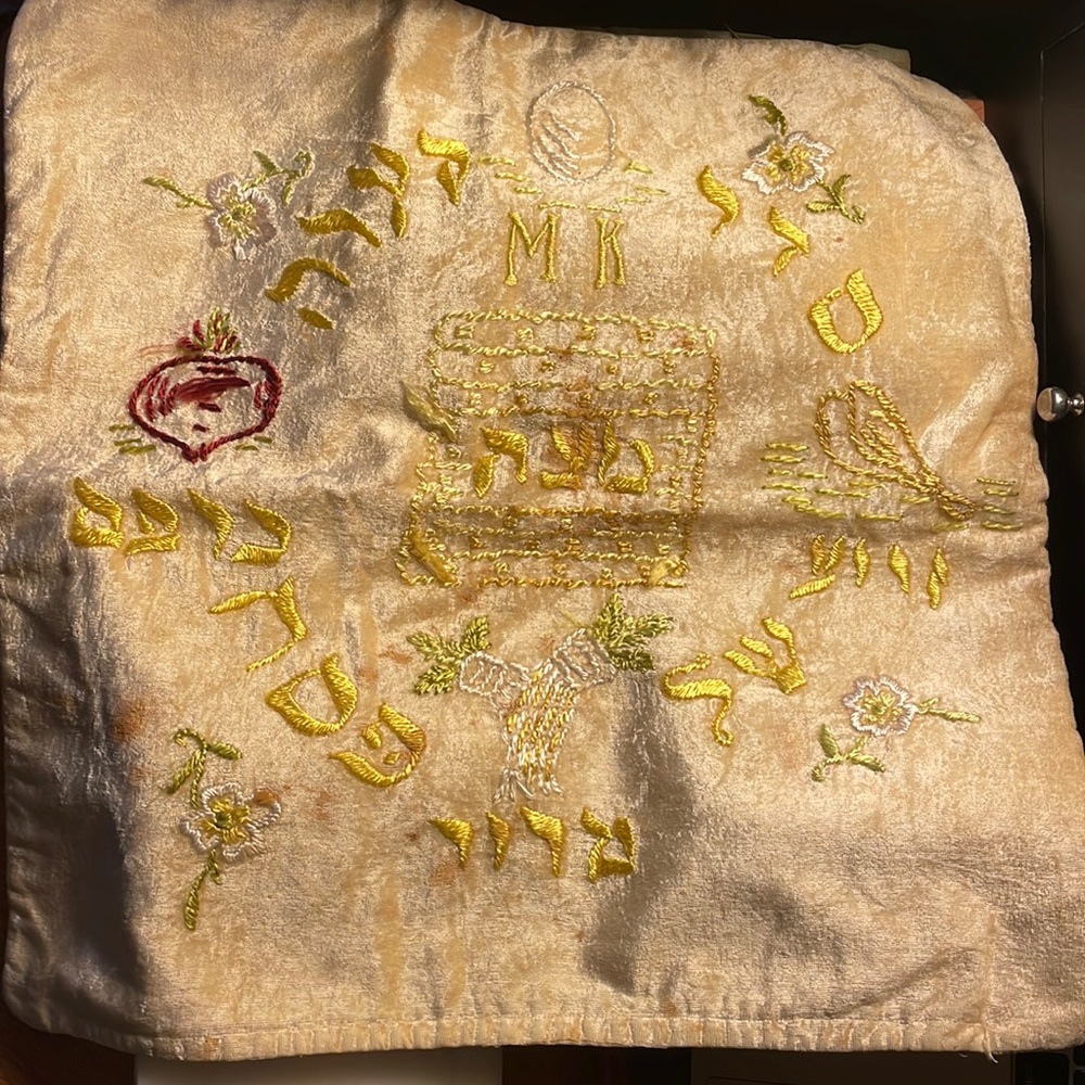 Rare and unusual Antique Seder cloth. Embroidered velvet